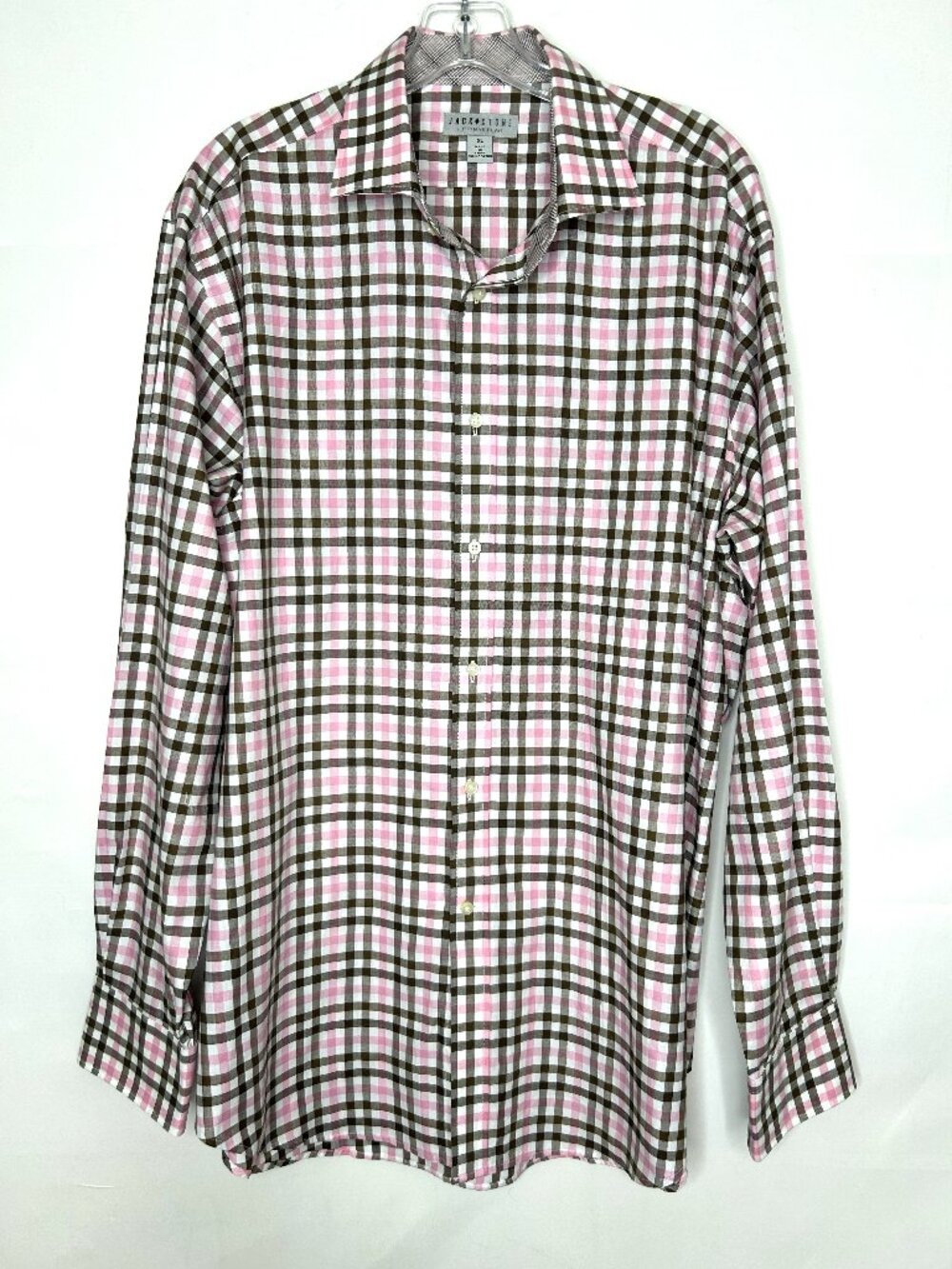 Jack Stone Thomas Dean Men’s Shirt sz XL Pink Gray White Plaid Button up